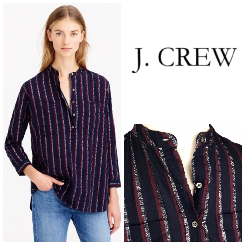 J. Crew Silver Metallic Stripe Popover Top